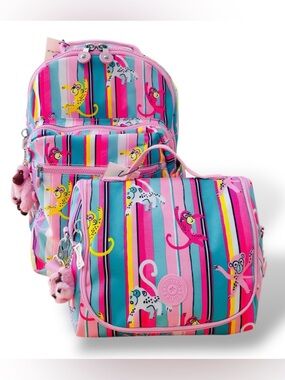Kipling Seoul Large 15" Laptop Backpack & Kichirou Lunch Bag JUNGLE FRENZY PINK